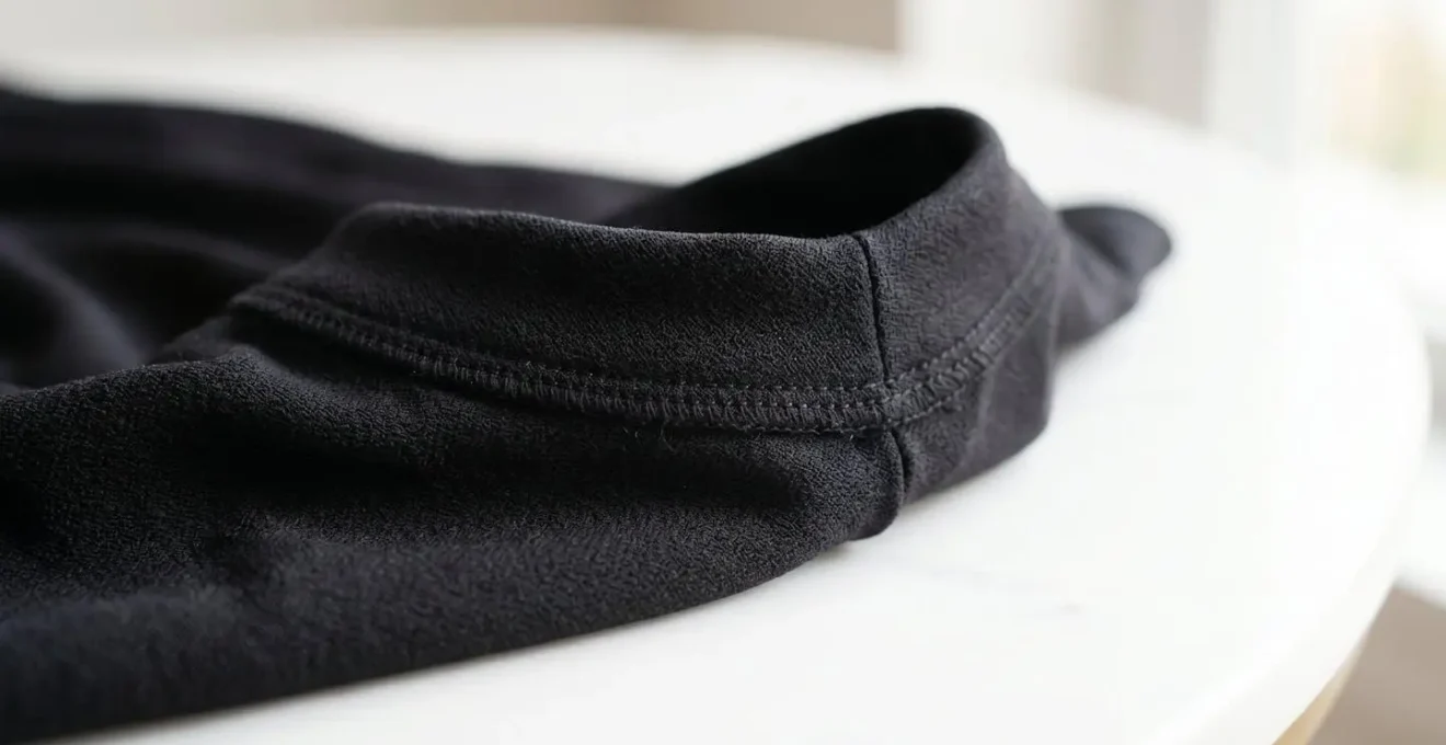 Gros plan sur le col et la texture d'un khimar posé sur une surface claire et moderne