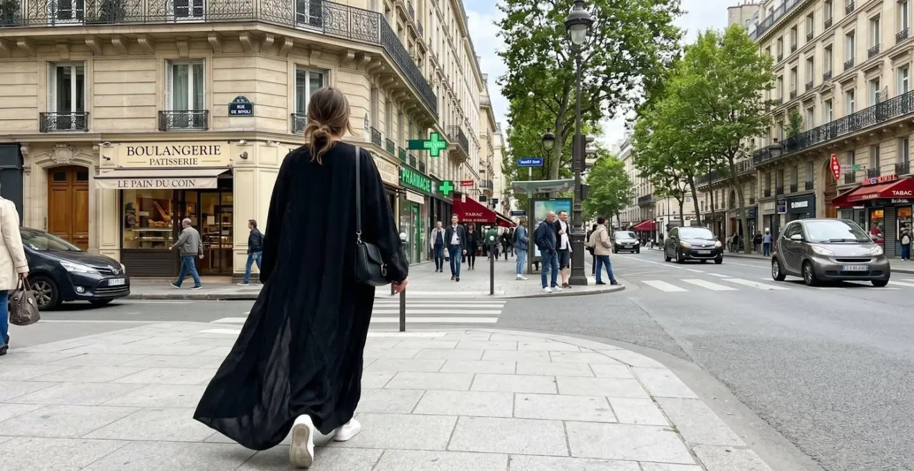 Une femme portant une abaya élégante marche de dos dans une rue moderne française sous une lumière naturelle