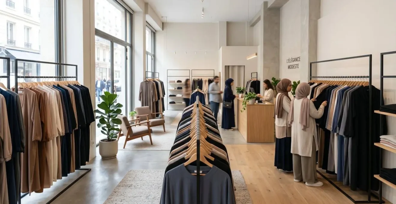 Intérieur lumineux d'une boutique moderne avec des abayas et jilbabs suspendus sur des portants élégants